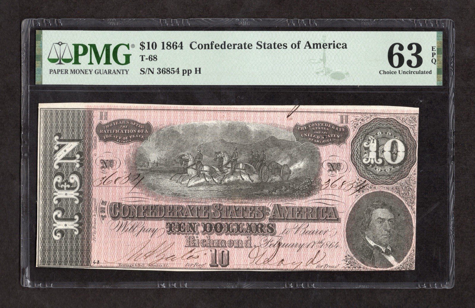 1864 $10 T-68 Confederate States of America Note - PMG 63 EPQ