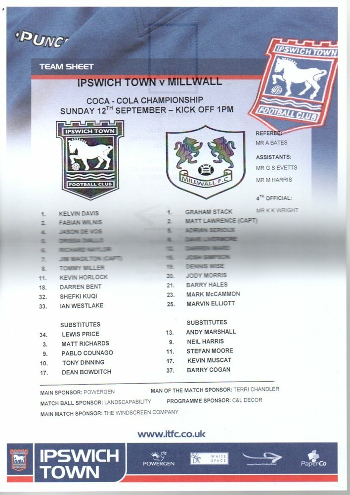 Team Sheet - Ipswich Town v Millwall 12.9.2004