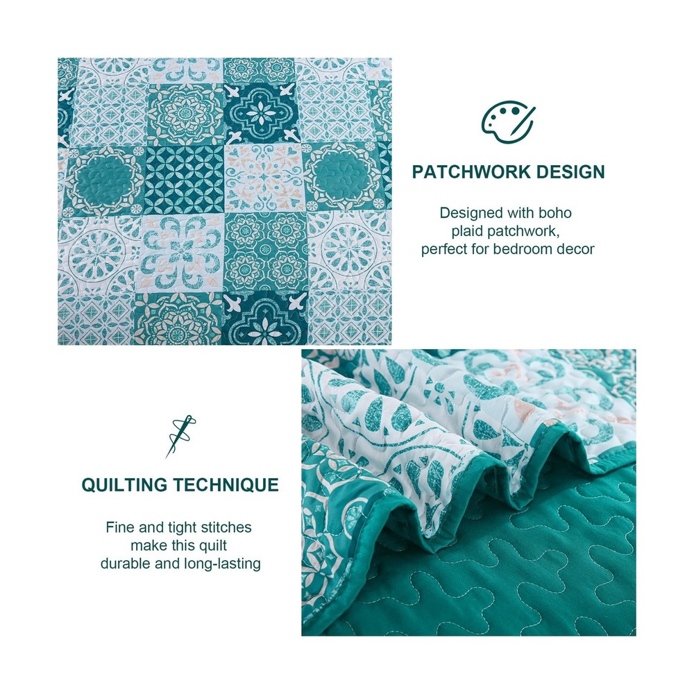 Teal Quilt Set Queen Size, Boho Turquoise Plaid Patchwork Bedspread... Fast Ship