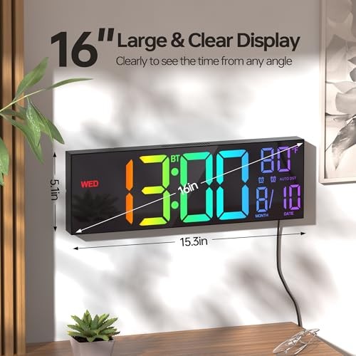 16.2" Large Digital Wall Clock with Seconds, Bluetooth Sync, Alarm Big LED,