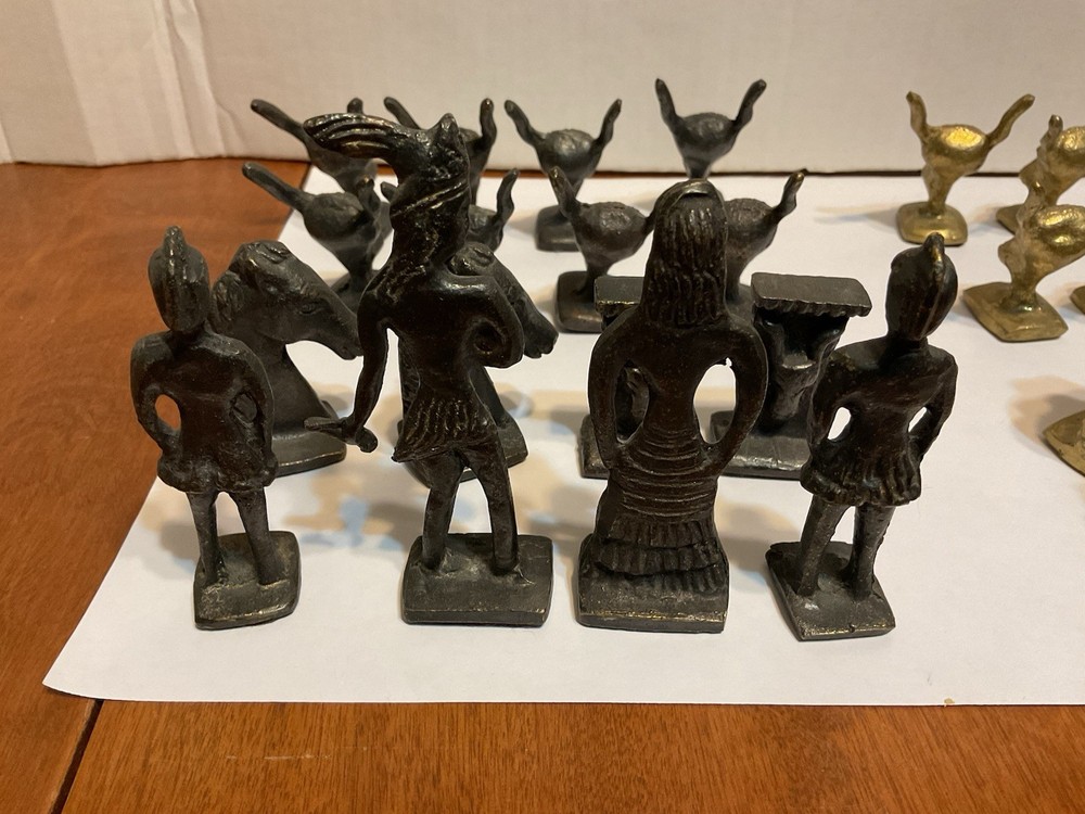 Vintage Solid Cast Brass Chess Pieces Set Greece Roman Unique