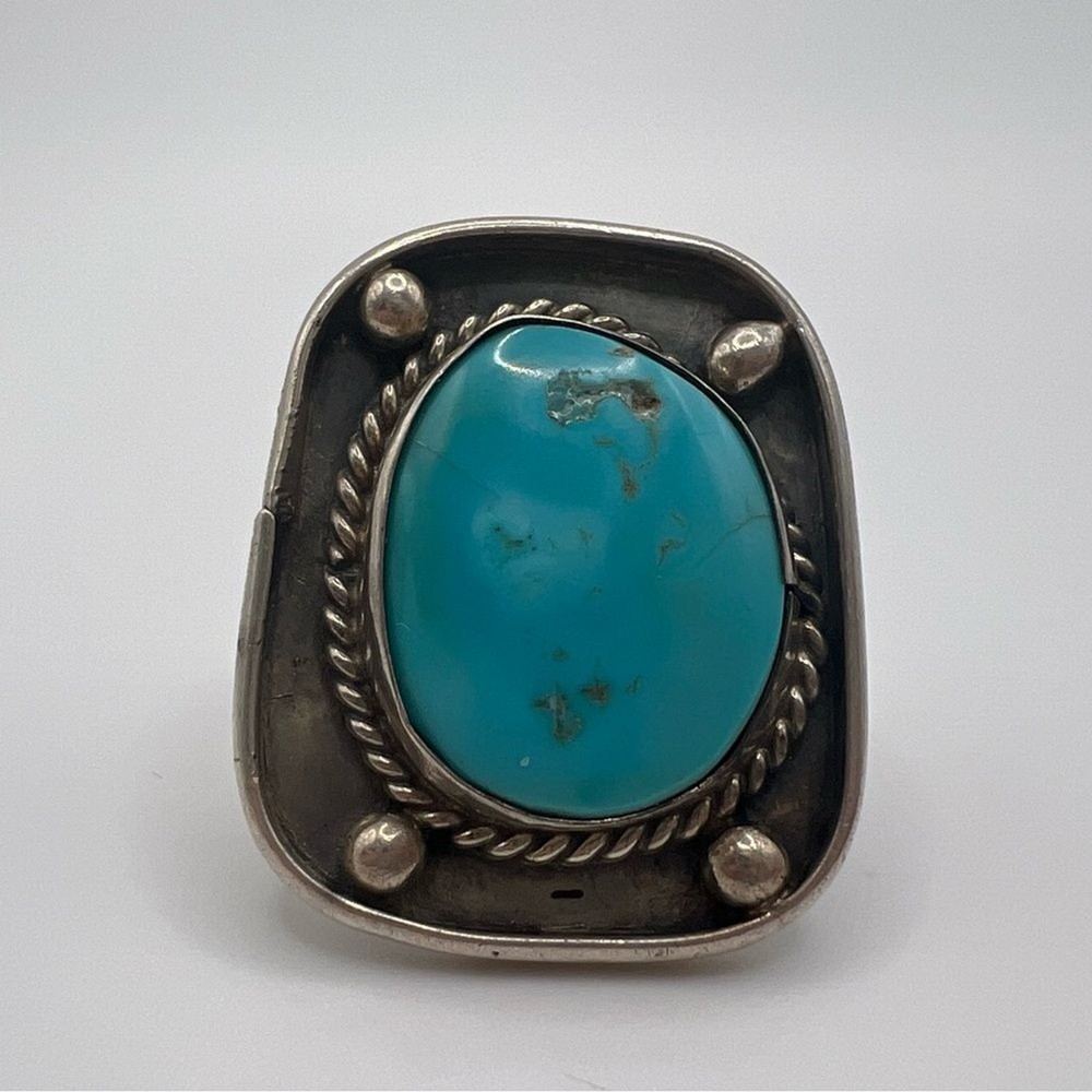 Square Face Turquoise Sterling Silver 925 Ring, Size 5.5