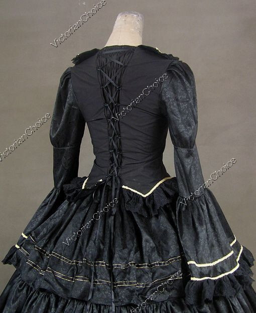 Black Victorian Civil War Brocade Dress Ruffle Skirt Ball Gown Gothic Costum 188