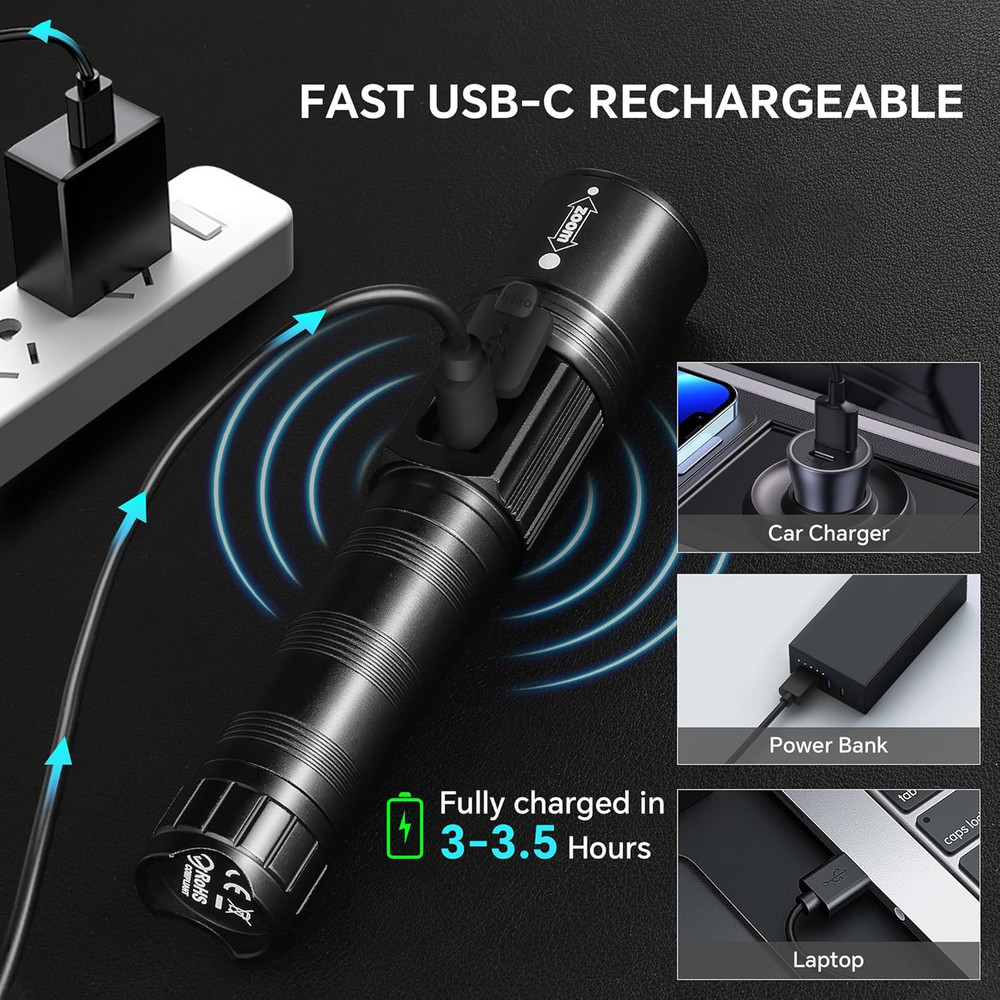 High Lumens LED Rechargeable Flashlights 2-Pack with Zoom and LCD Display