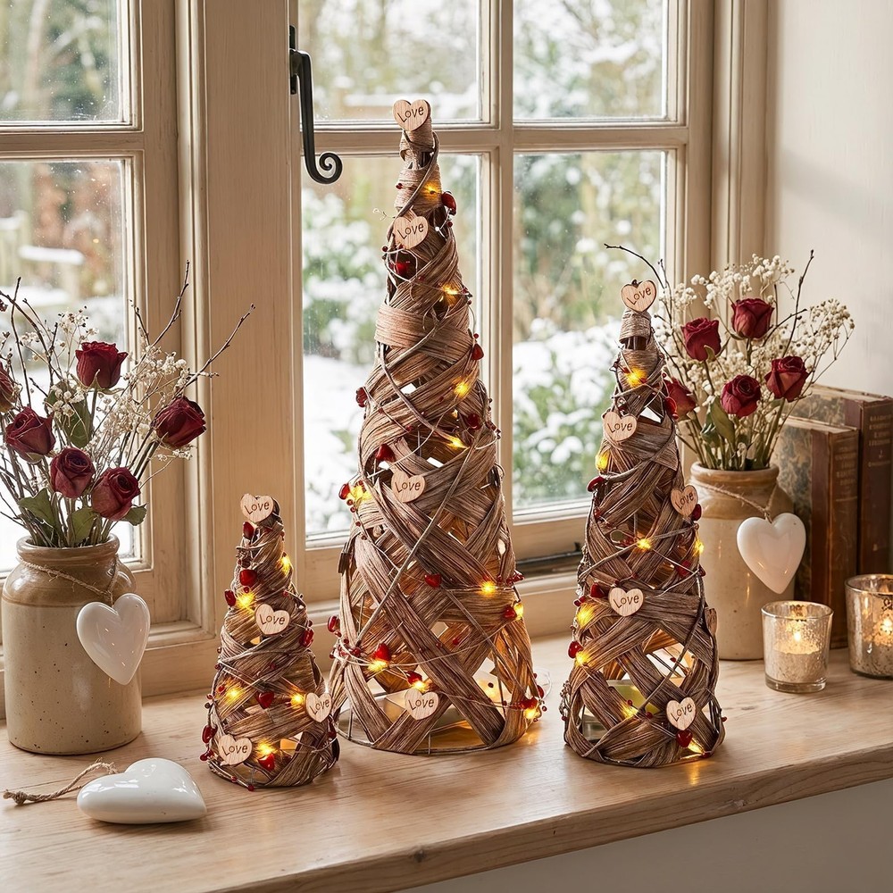 Treory Valentines Tree Table Decor, 3 Pcs Rustic Rattan Cone Natural
