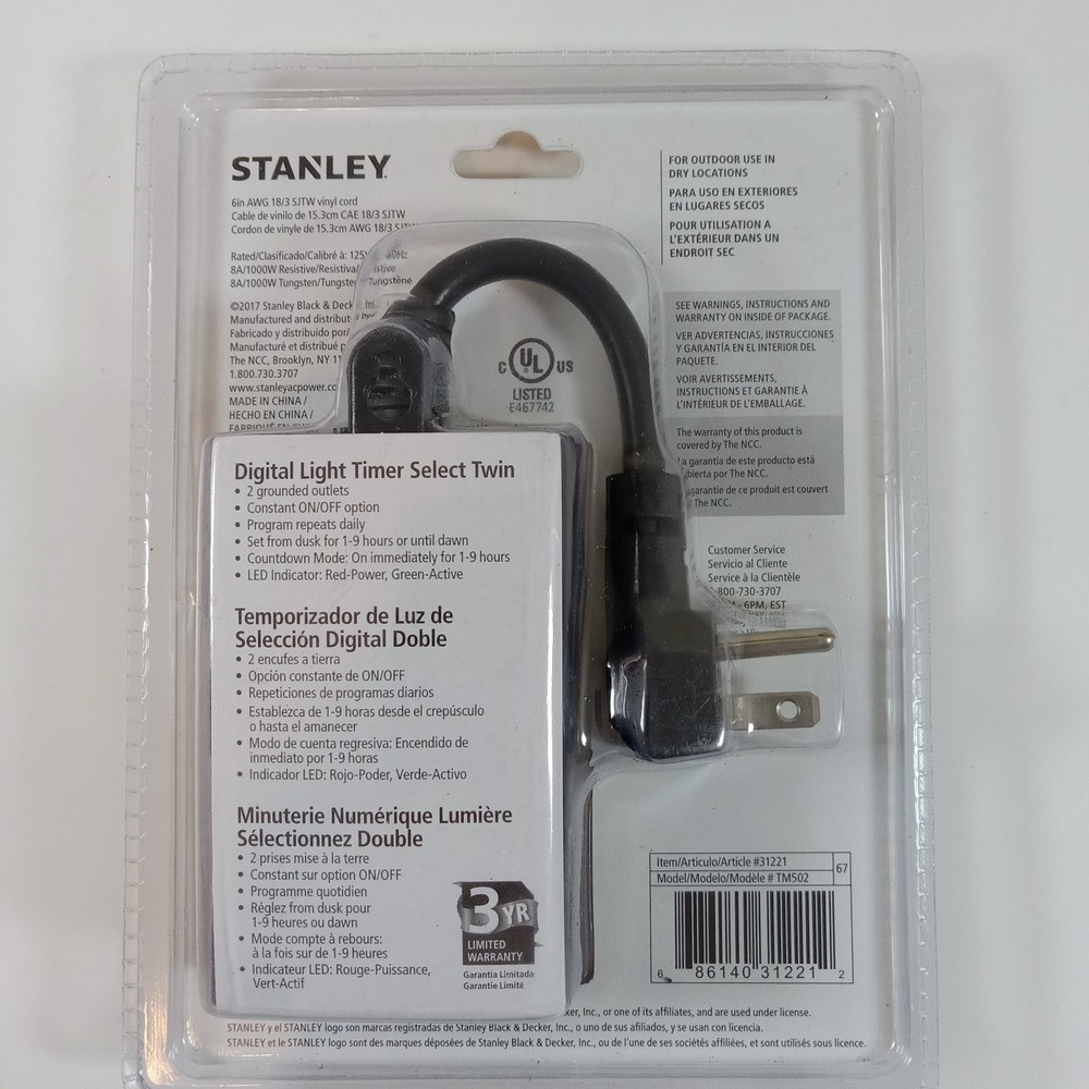 Stanley TM502 Digital Light Timer Select Twin 2-Outlet Photocell Timer