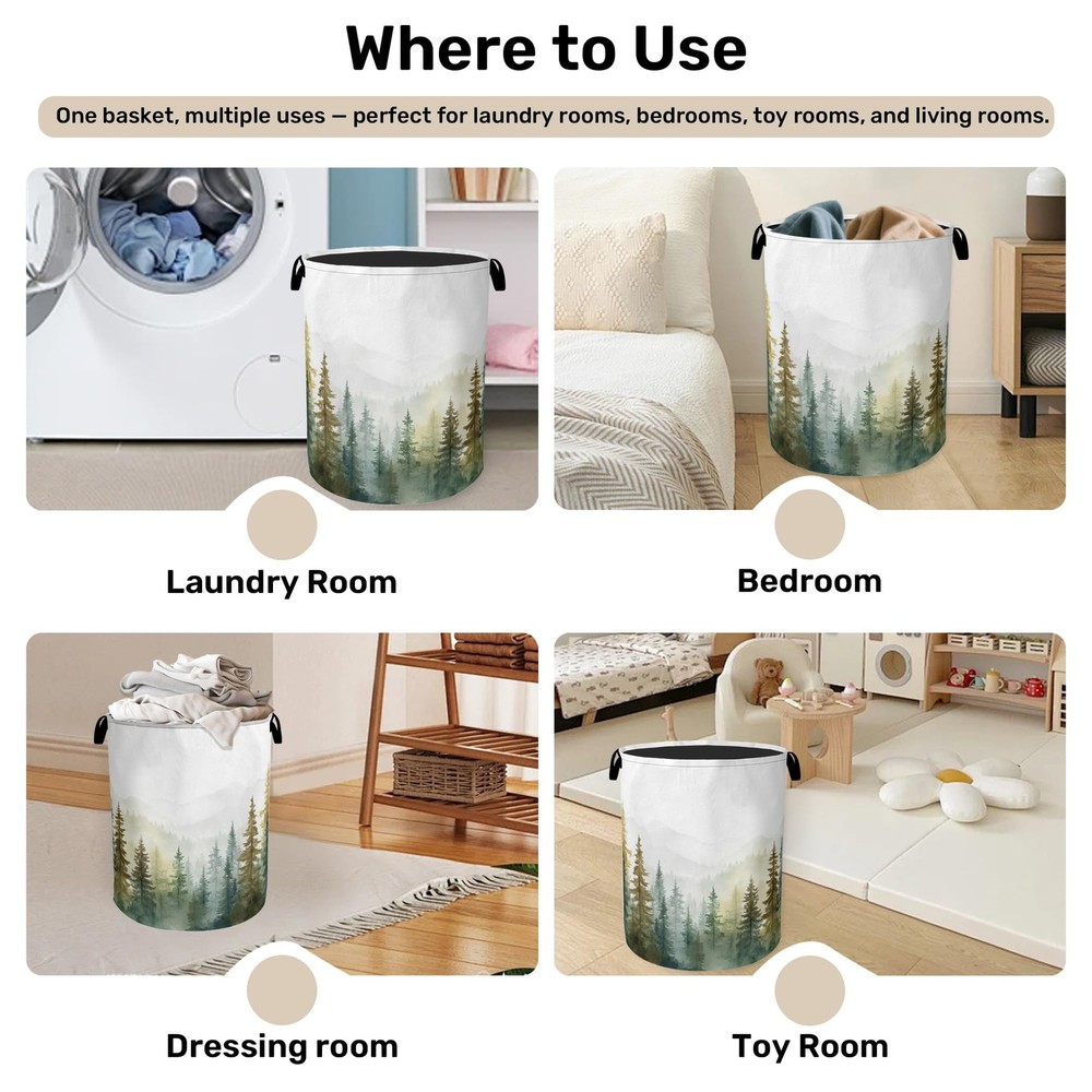 Misty Forest Green Foldable Laundry Hamper Waterproof Fabric Storage Bag