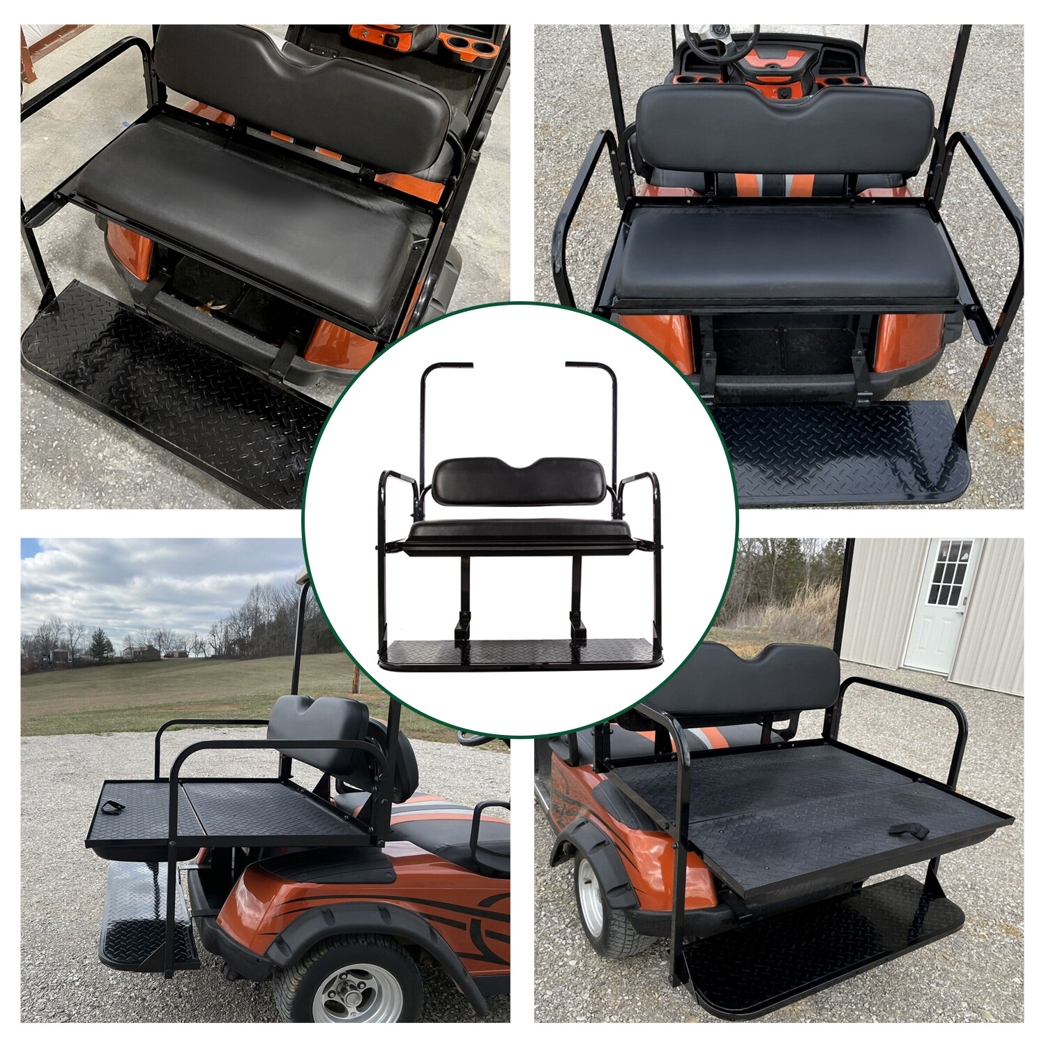 Golf Cart Flip Folding Rear Back Seat Kit w/ Roof Support For EZGO TXT 1995-UP