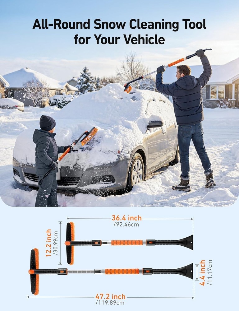 Multi-Function Ice Scraper and Snow Brush – 47.2” Adjustable Tool in Orange