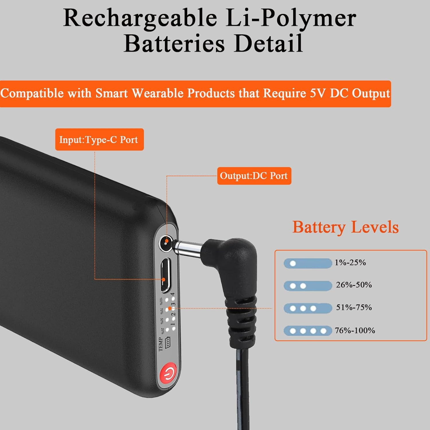 2Pack 5V 5000Mah Li-Polymer Rechargeable Batteries for Heated Socks with DC Port