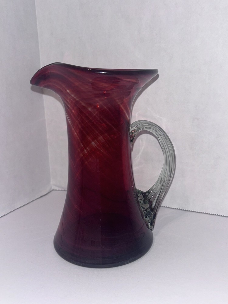 Hand blown Glass Ruby Red Pitcher Applied Ribbed Clear Glass Handle