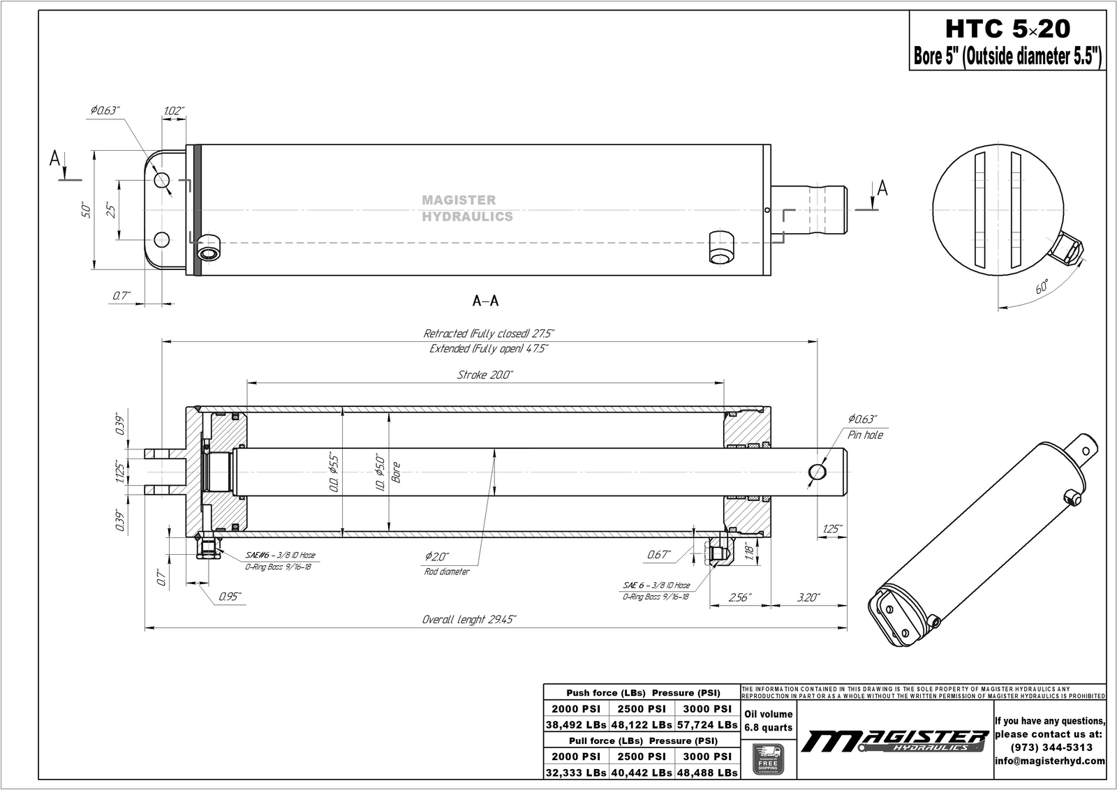 5" bore x 20" stroke Dump Hoist Hydraulic Cylinder