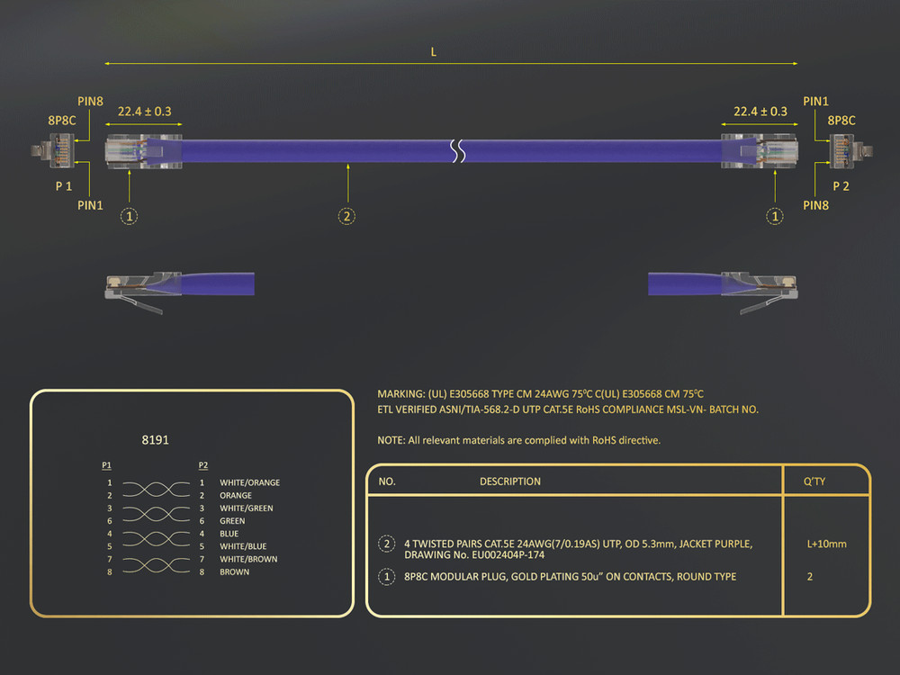 7ft Cat5e UTP Non-Booted Ethernet Network Patch Cable 24AWG Bare Copper, Purple