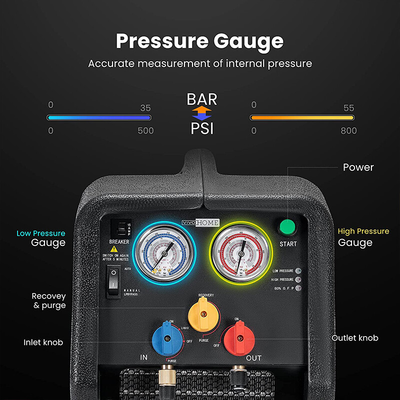R1234YF 1 HP Dual Cylinder Refrigerant Recovery Machine Oil-Less Freon Recycling