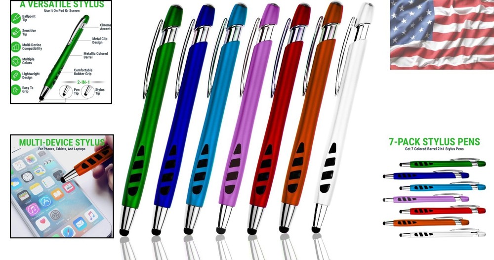 Versatile 7 Pack Stylus and Ballpoint Pens with Sensitive Tips - Assorted Colors