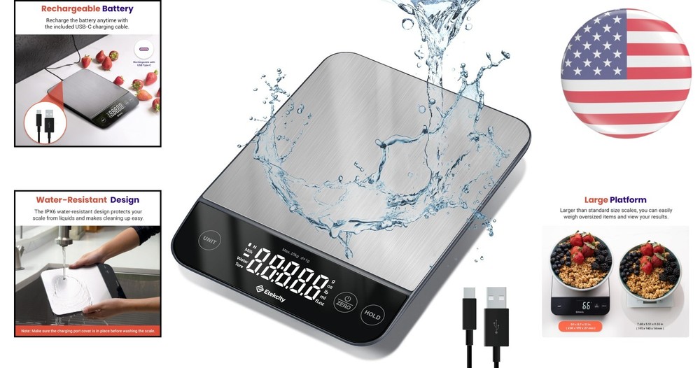 USB Rechargeable Kitchen Scale - Precise Grams/Ounces, Waterproof Design
