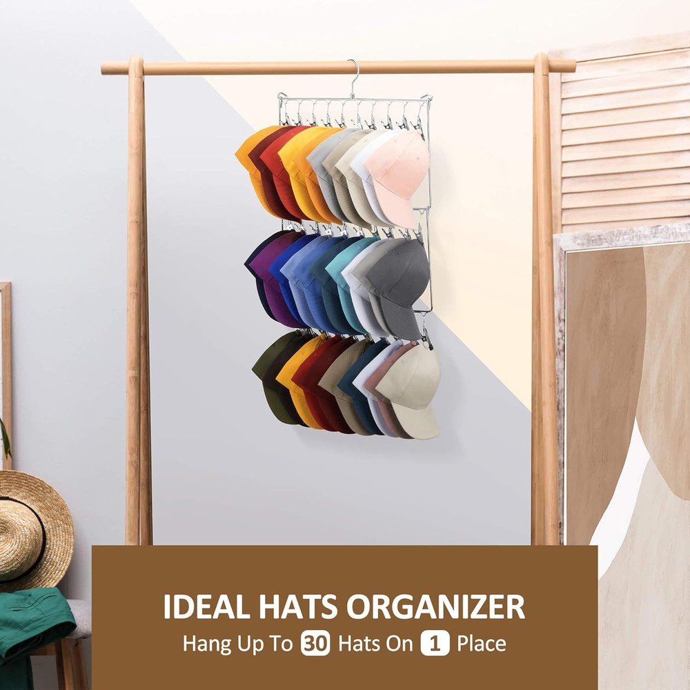 ZEDODIER Hat Hanger Rack for Baseball Caps, 30 Hooks, Space Saving Silver