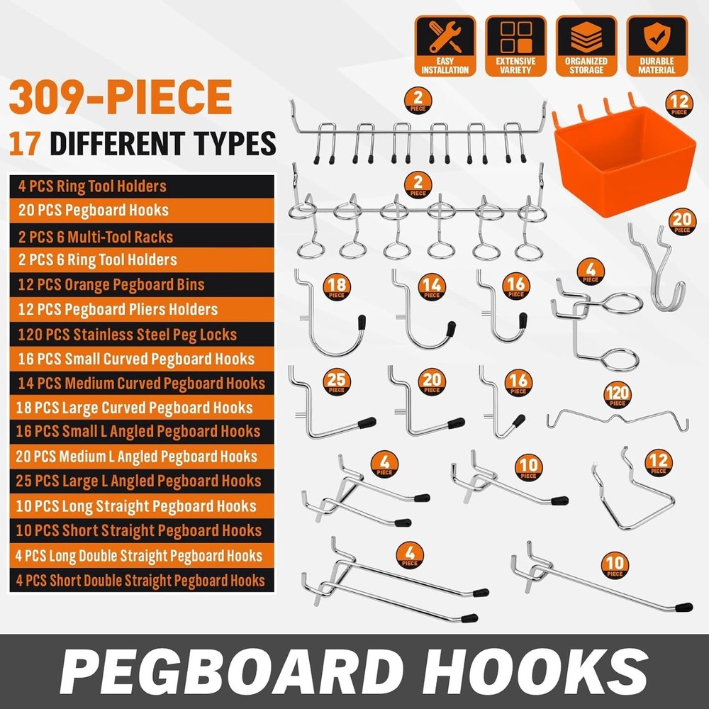 Multi-Purpose Pegboard Hooks Kit: 309 Pieces for Garage and Kitchen Organization