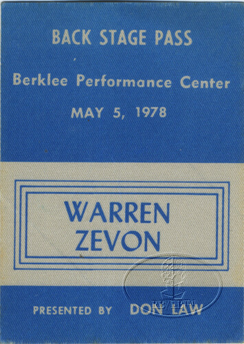 WARREN ZEVON 1978 Excitable Boy Tour Backstage Pass