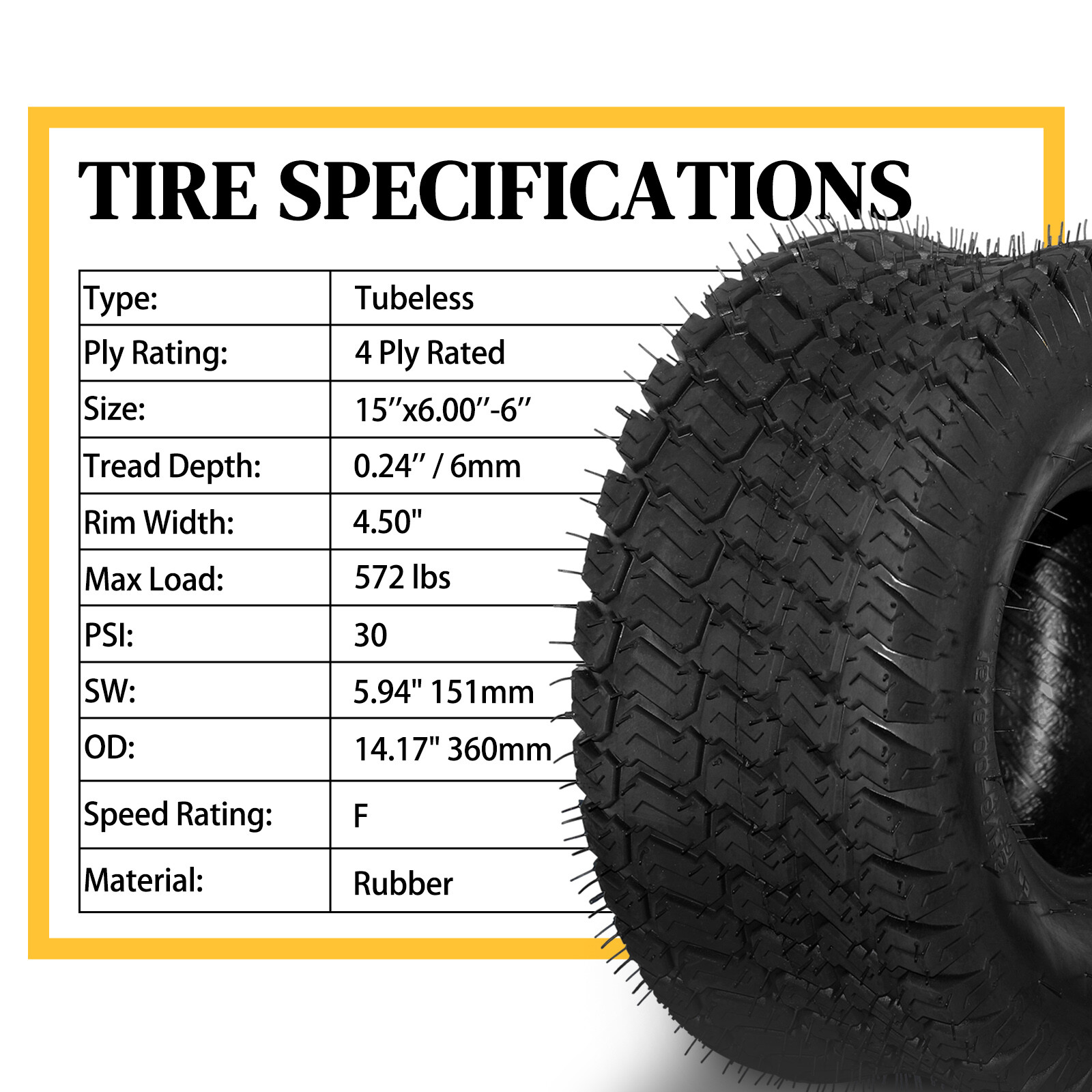 Two 15x6.00-6 Turf Tires Lawn Mower Tractor 4 Ply Rated 15x6-6 Tubeless 570Lbs