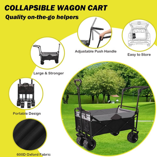 Collapsible Folding Wagon with Extra Push Pull Handle, Heavy Duty Black