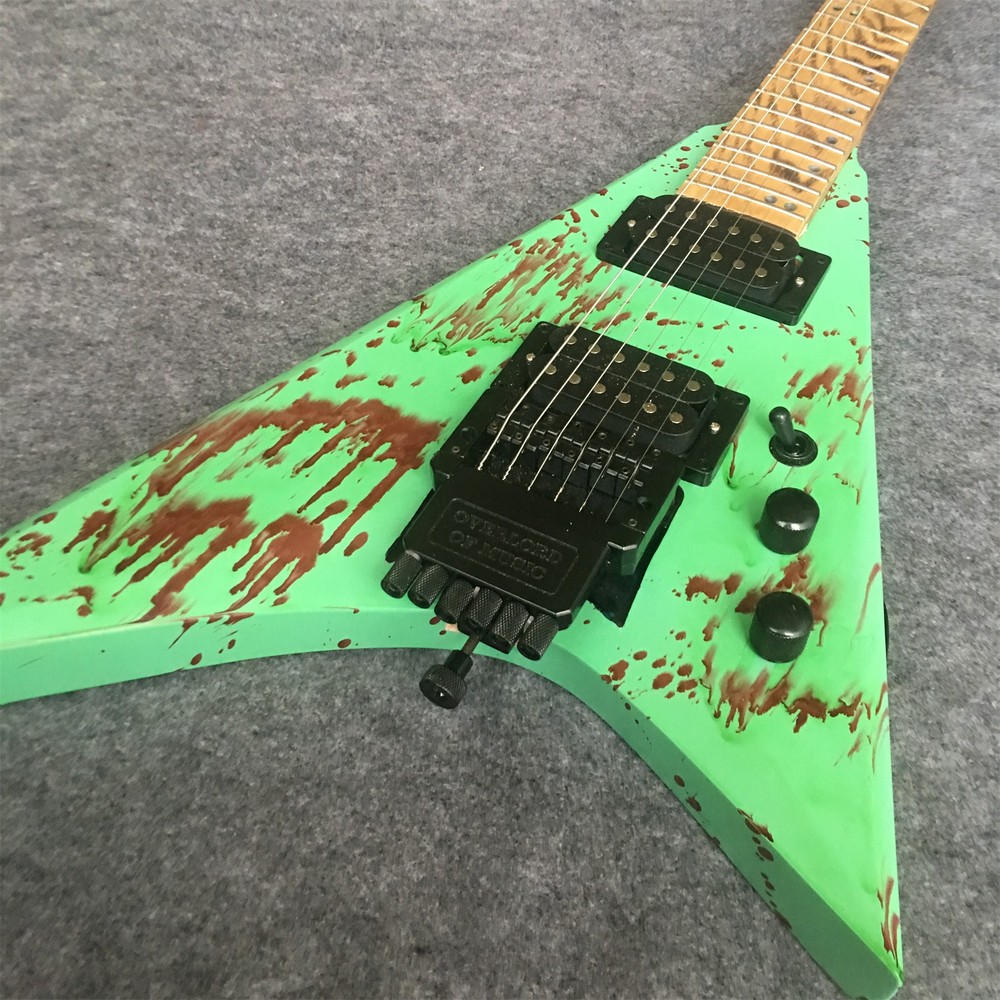 Custom Flying V Headless Green Electric Guitar HH Pickups 6 Strings