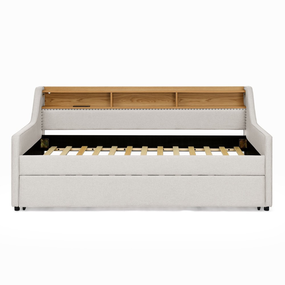 Twin Size Upholstery Sofa Bed with Three LED lights, with Storage Adjustable Hea