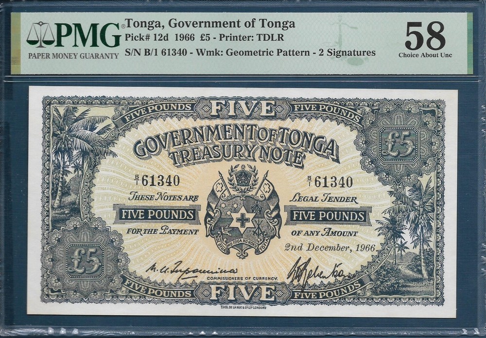 Tonga 5 Pounds, 1966, P 12d, PMG 58 AUNC