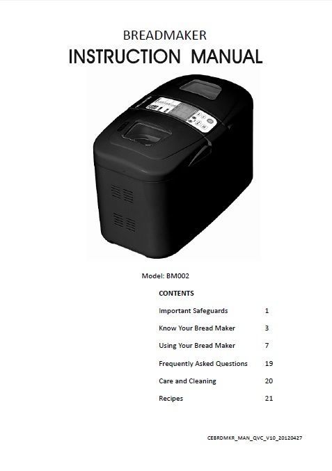 Cooks Essentials Bread Machine Manual  CEBR11, CETR520B, CETR900S, CETTR875