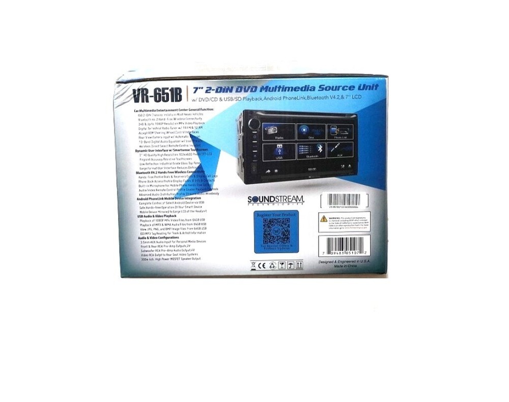 Soundstream Double Din VR-651B/1 DVD/CD Player USB 7" LCD Bluetooth APP CONTROL