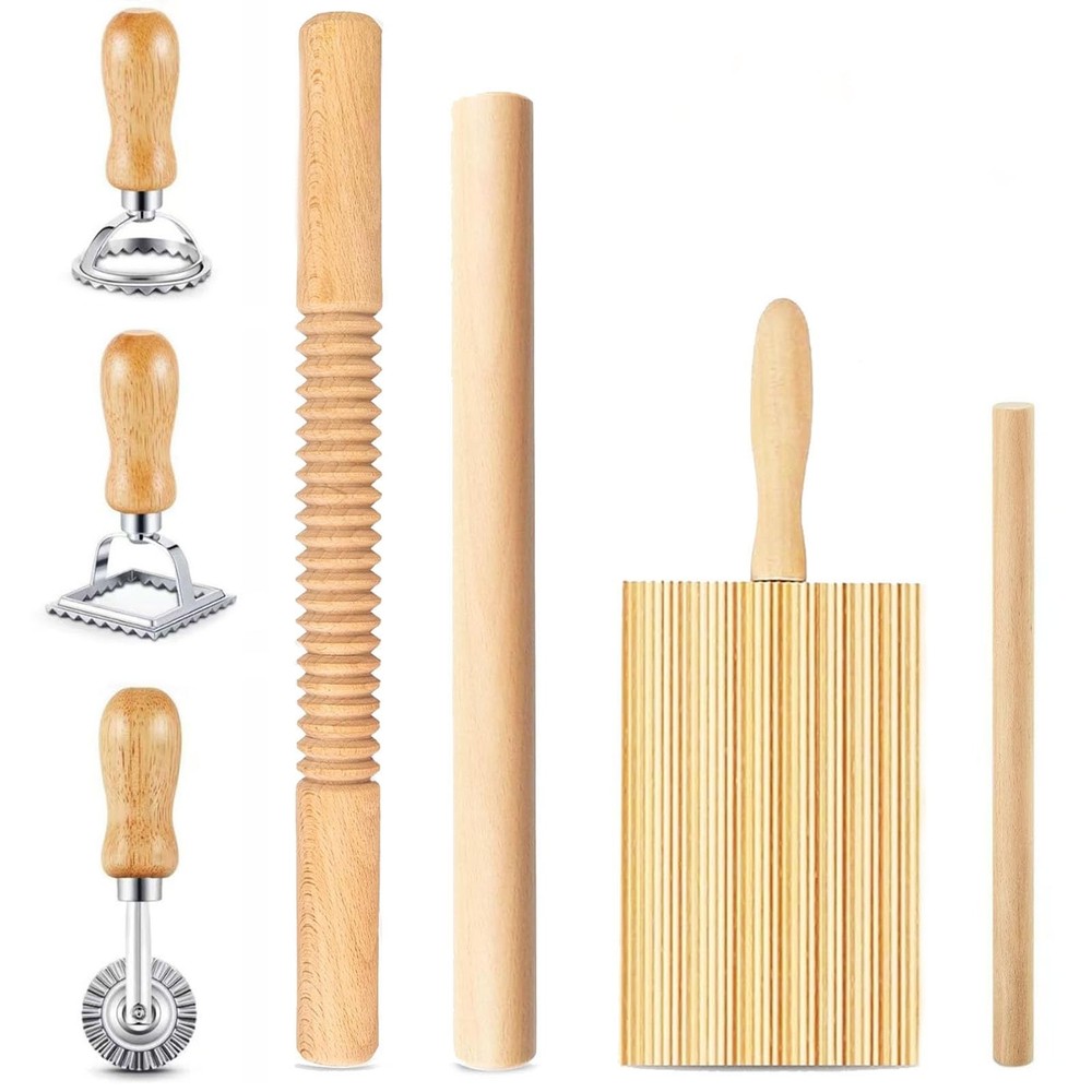 7 pcs Wood Gnocchi Pasta Making Tools Kit with Threaded Pasta Roller Pin Set,...