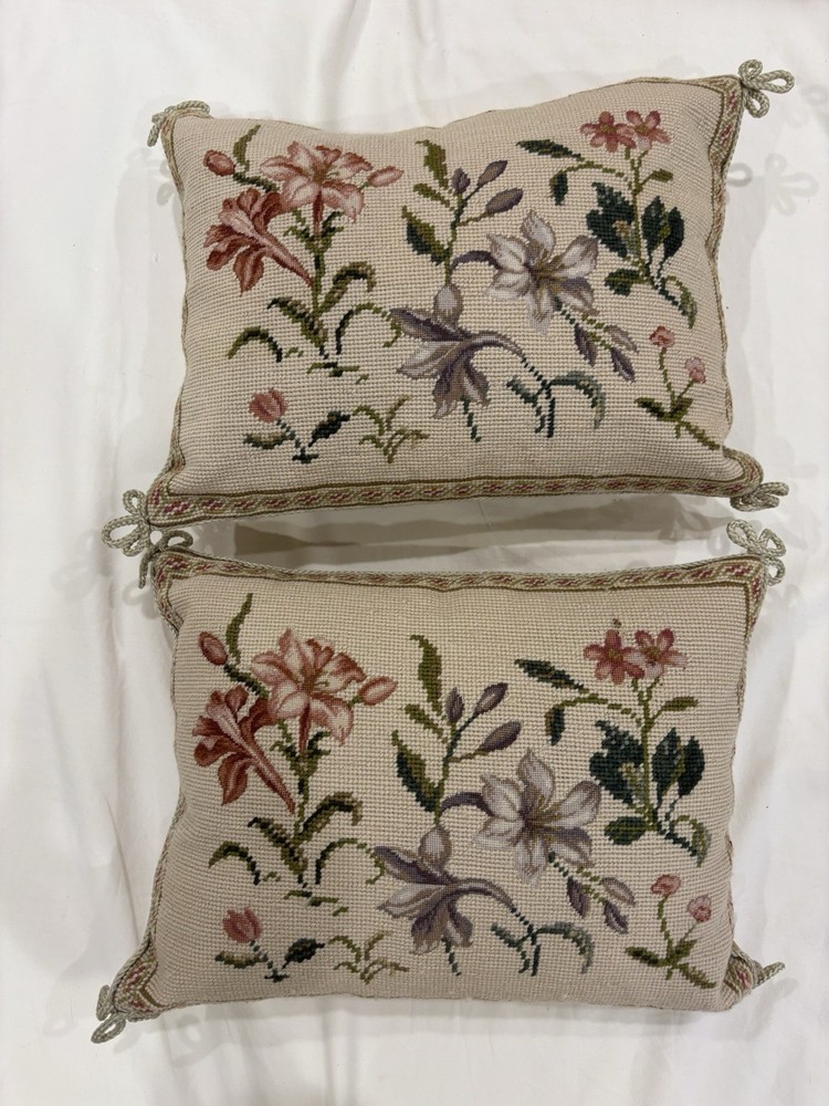 Katha Diddel Needlepoint Floral Pillows, pair