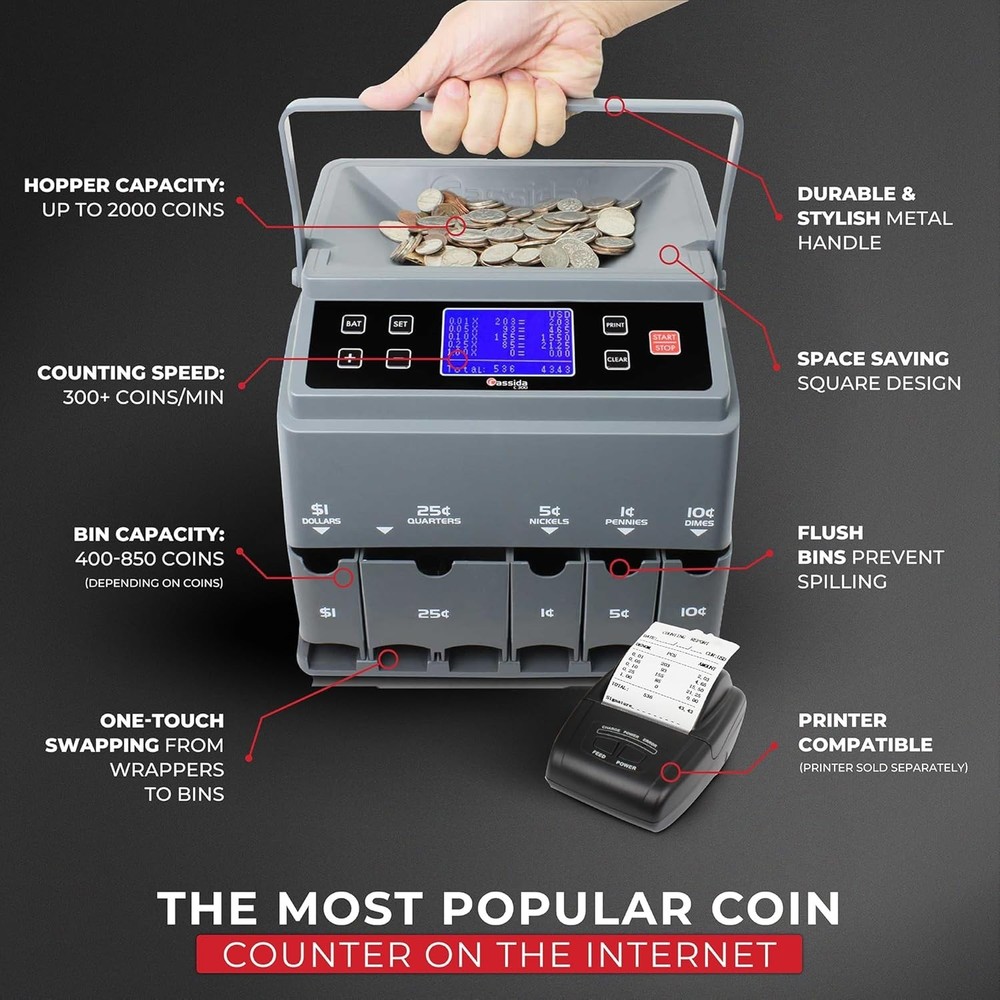 Fast Coin Counter Machine Quickload Printing Gray