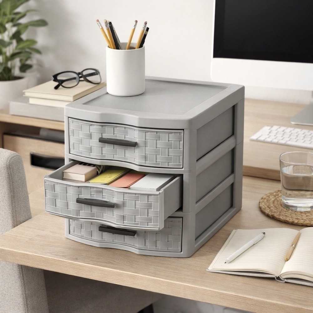 Sterilite 3 Drawer Storage Unit Gray Woven Plastic Organizer EUC