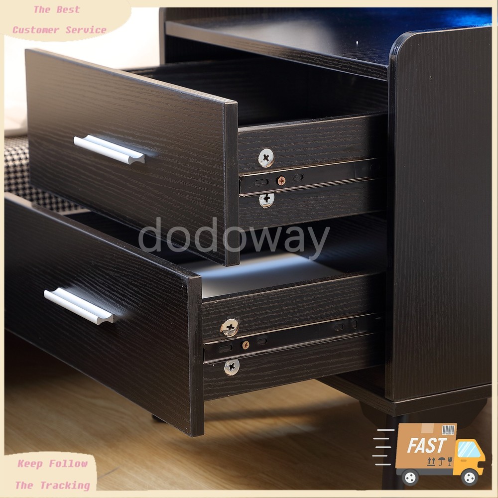 2 Set Black Bedside Table Nightstand End Side Table With USB Charging Station