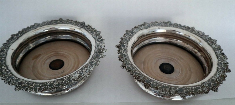 Pair Beautiful Victorian SP? Large 7" Wine Coasters ca1850 Boxwood Centres