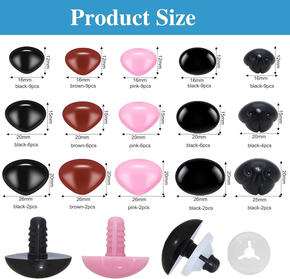 1Box(166pcs) Plastic Safety Noses with Washers - 3Size 5Style Threaded Locked...