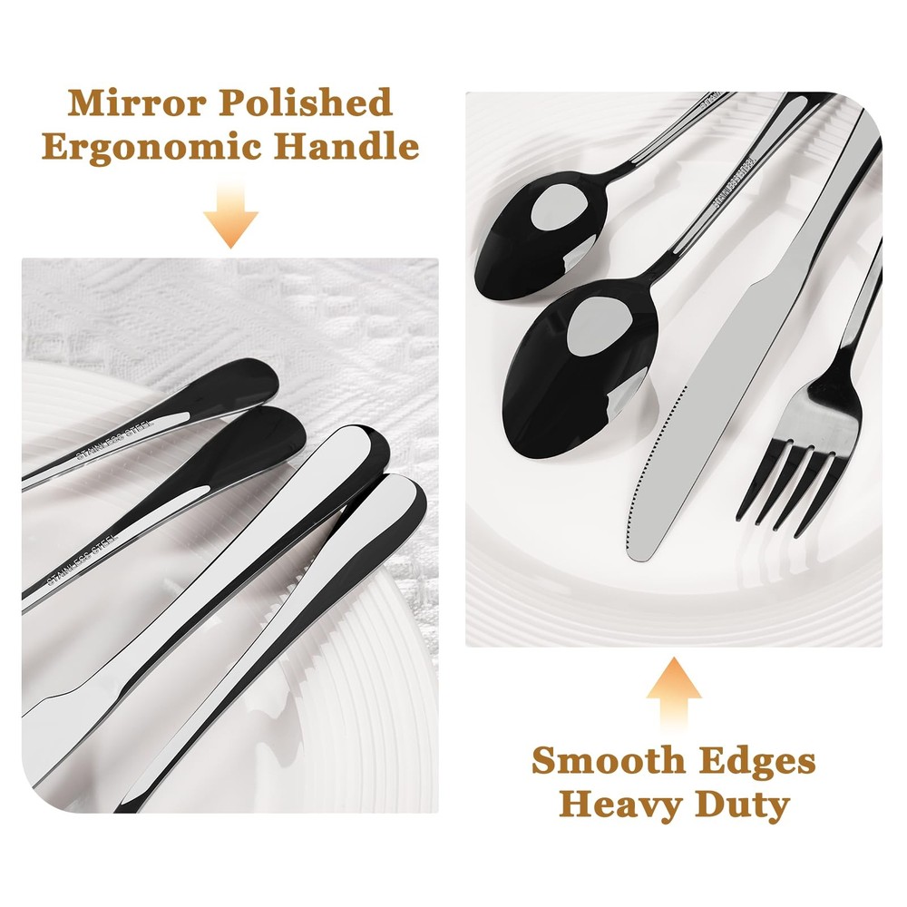 Astercook 24-Piece Black Silverware Set with Steak 24 PCS, Elegant Pro