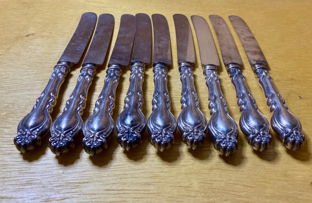 9 Holmes & Edwards Silverplate Dinner Knives Flatware Silverware Rare Antique
