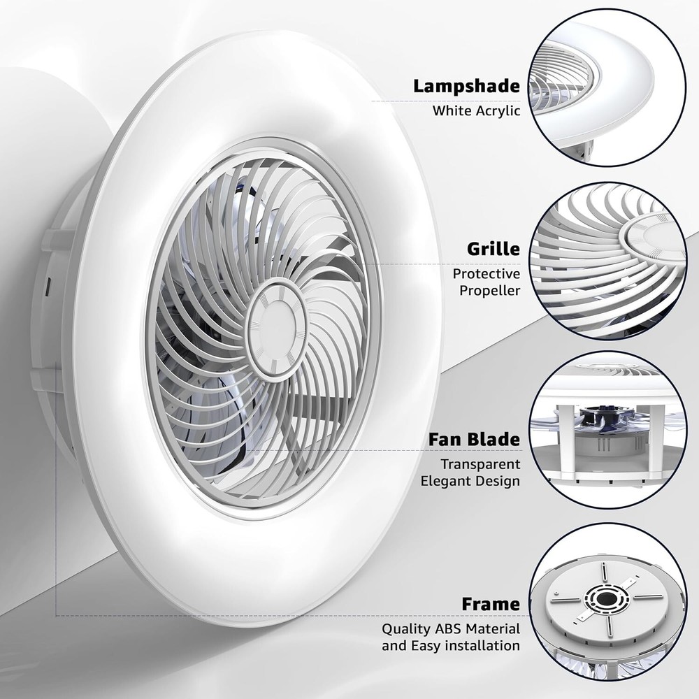 PrimeMall Bladeless Ceiling Fan with Light and Remote Control 22" Low Profile Ce