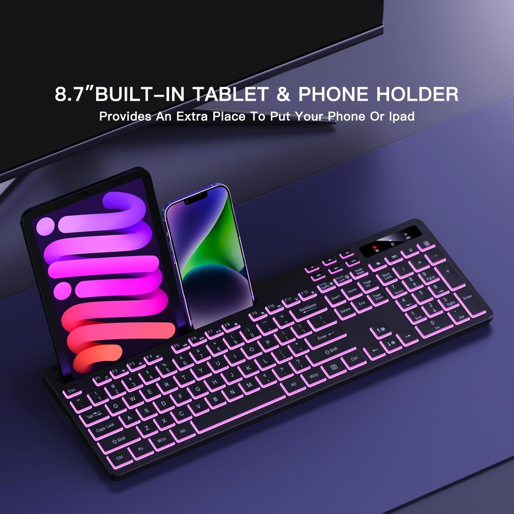Wireless Keyboard with 7-Color RGB Backlit, Full-Size Computer Keyboard with ...