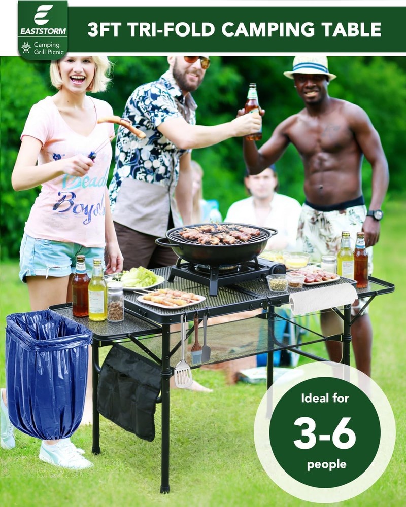 3ft Folding Camping Table W/Wing Panels Adjustable Height Metal Grill Prep Table