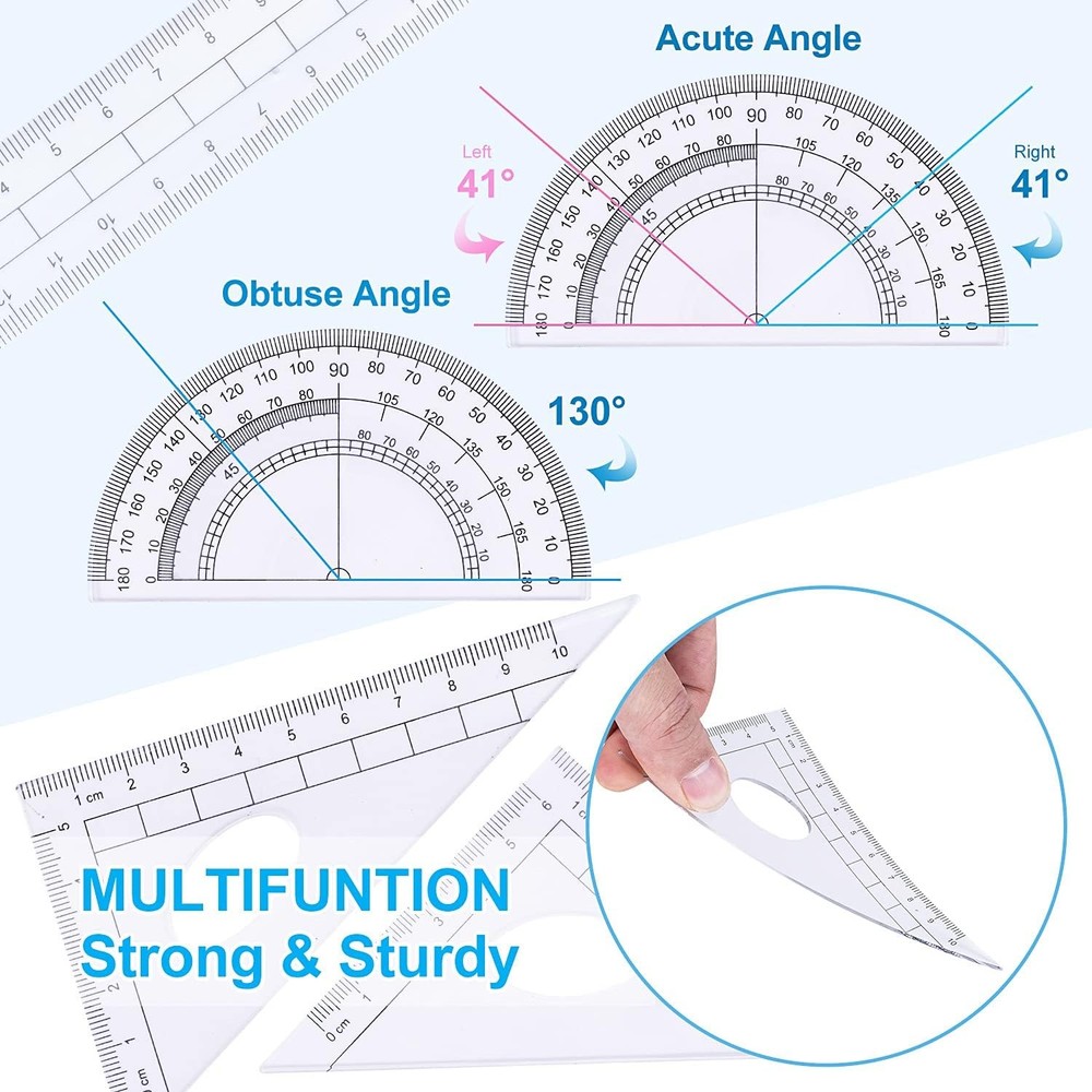 Math Geometry Kit Set 10 Pieces with Shatterproof Storage Box, Student Blue