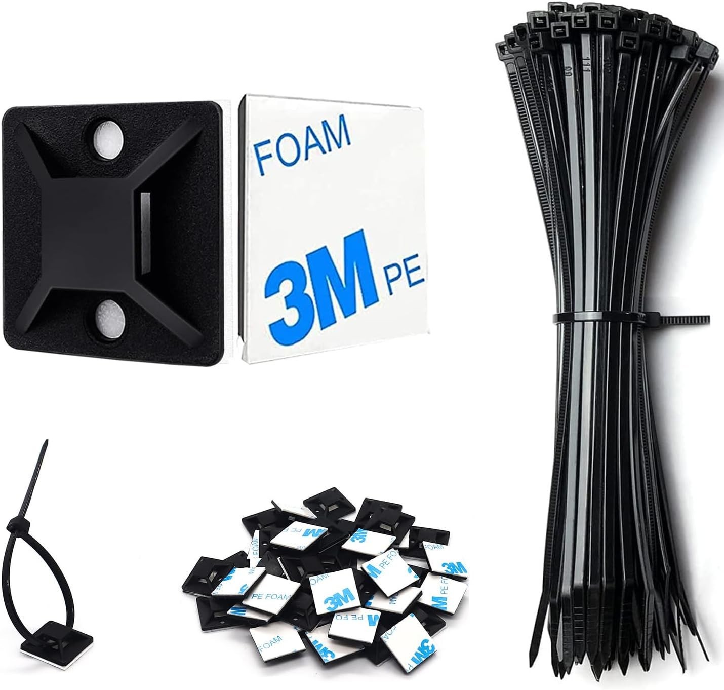 50 Sets Cable Zip Tie Mounts Kit With Self Adhesive 3/4" Wire Holder Squares Bla