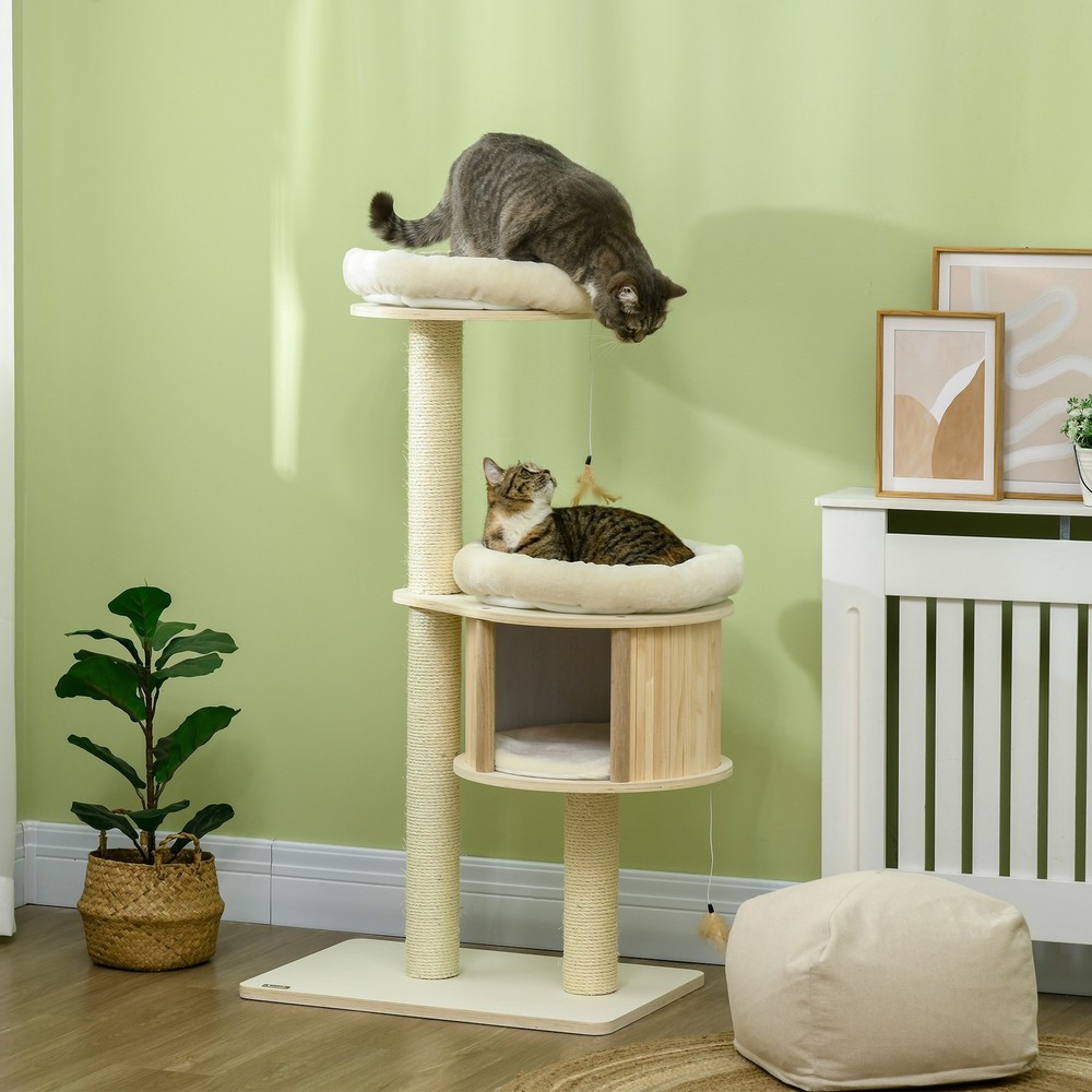 Cat Tree with Condo & Scratching Posts, 3 Platforms, Plush Cushions, Natural
