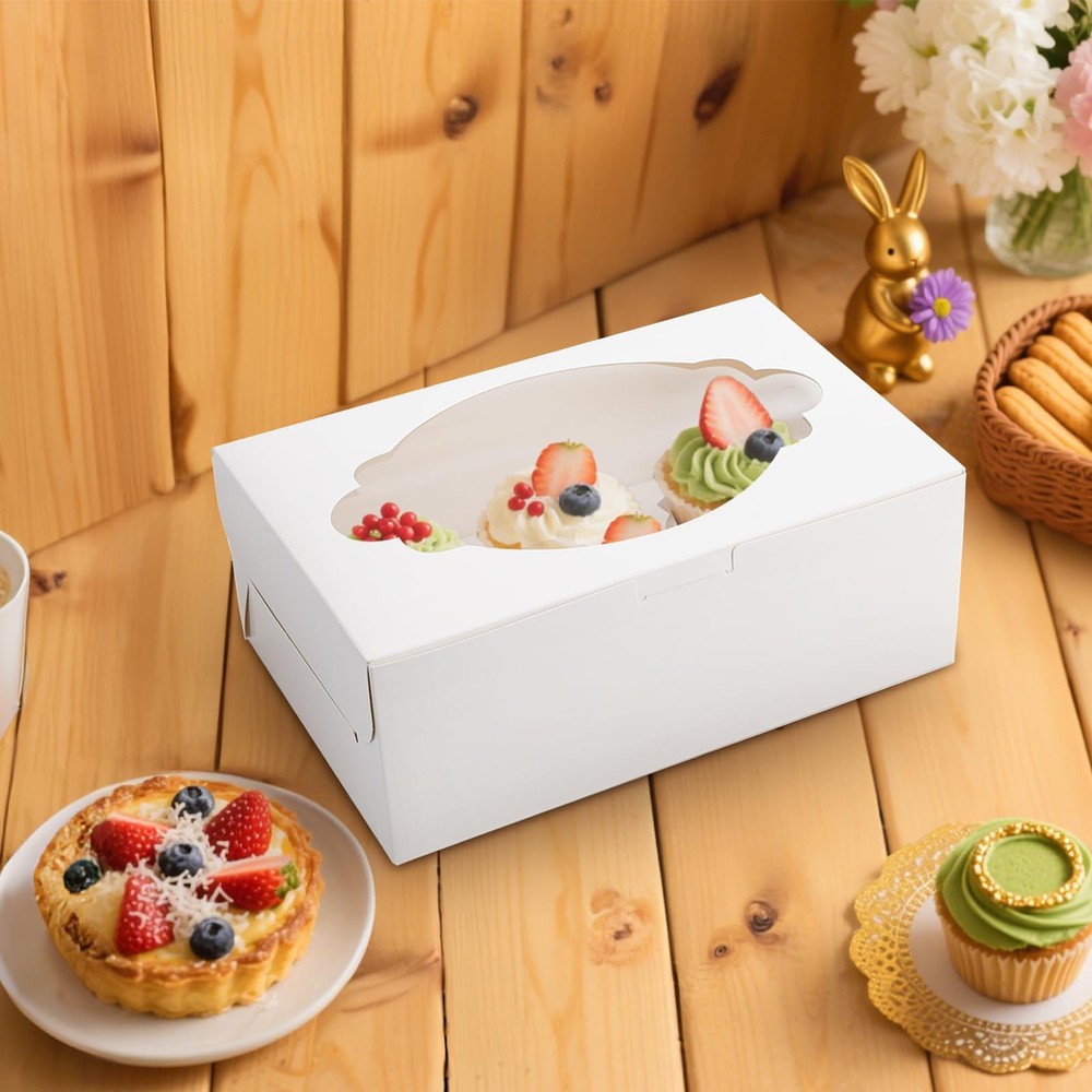 30 Pack Cupcake Boxes 10.2x6.9x4 Inch 6 Count White Containers Window Insert