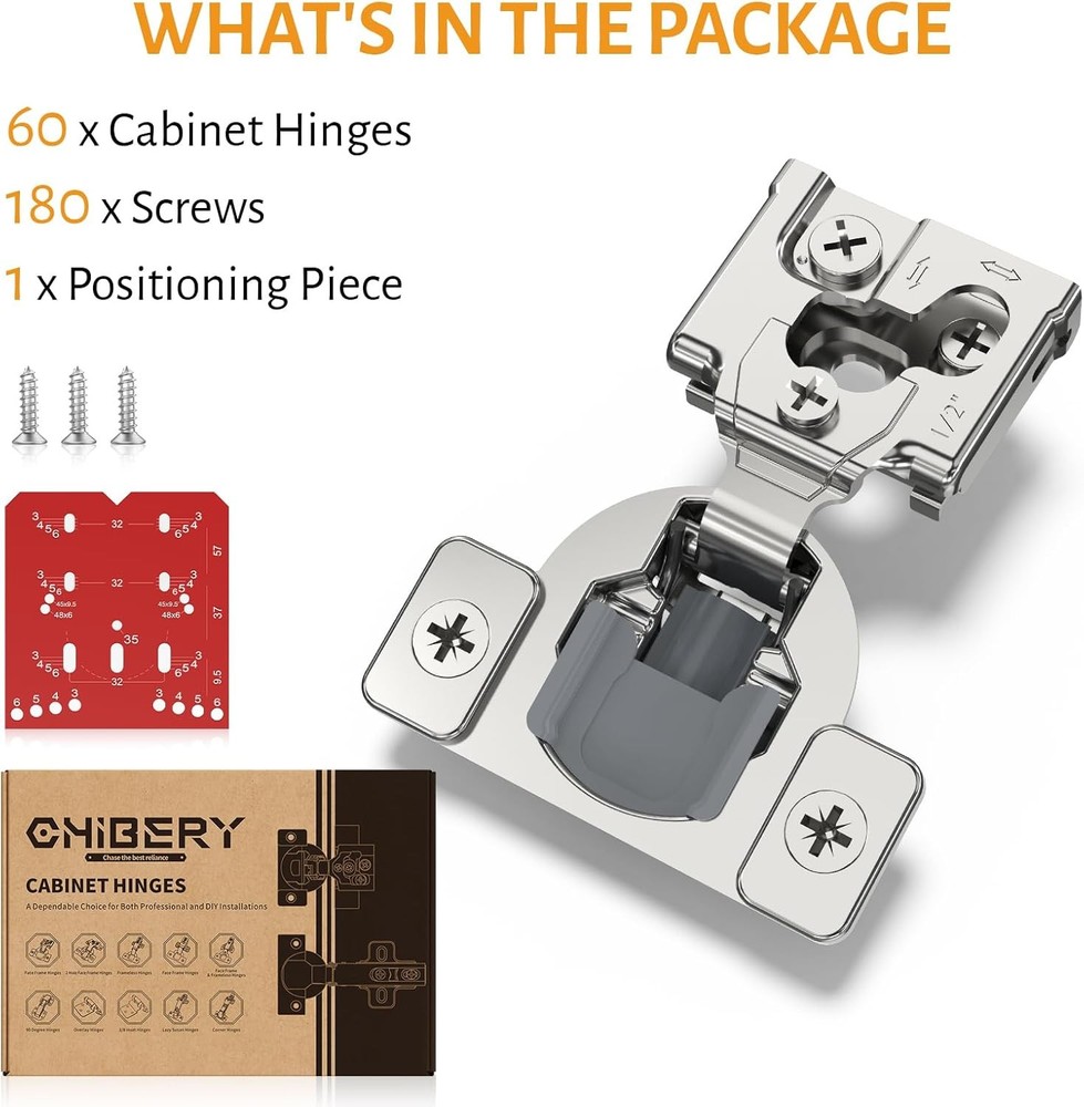 60-Piece Pack 1/2-Inch Overlay 3D Cushioning Concealed Hinge