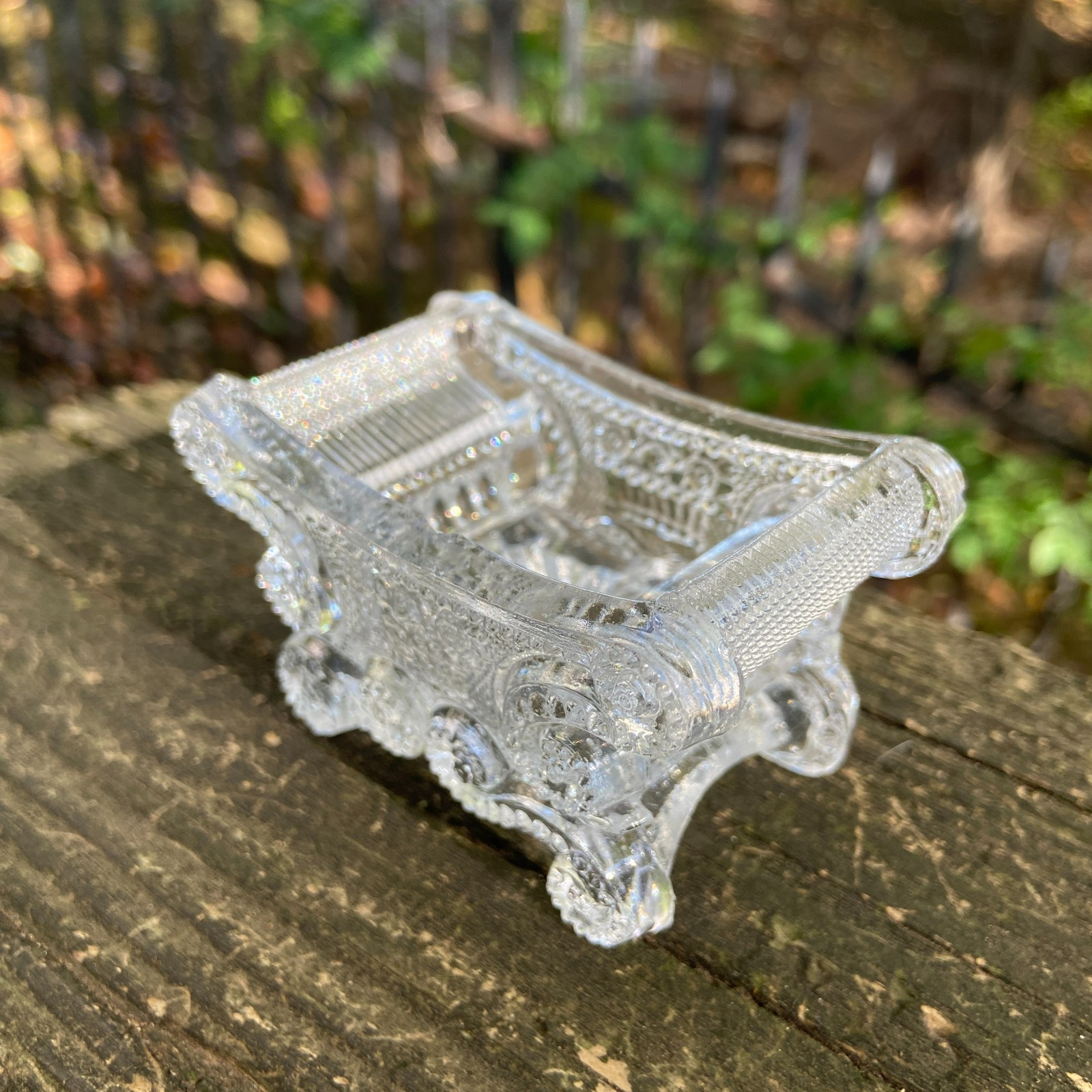 Antique 1830s Lacy Flint Glass Beaded Scroll + Basket of Flowers Open Salt BS-3A