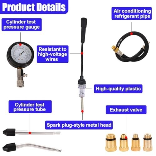 9PCS Engine Compression Tester Kit - 0-21 Bar, 0-300 PSI, Spark Plug Tester for