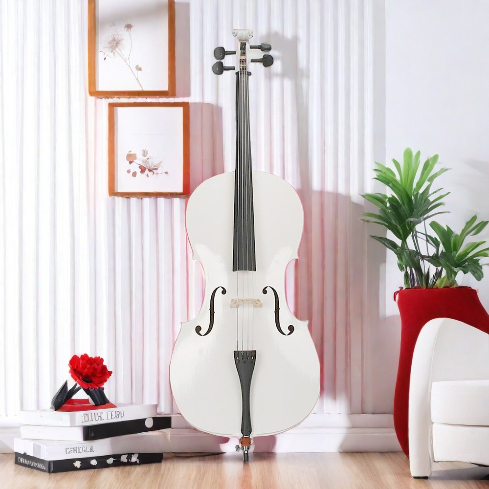 4/4 Full Size White Acoustic Cello Set, Top Grade Beginner Cello & Violoncello